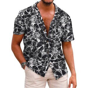 Men's Black White Hawaiian Shirt Cotton Linen Button Down Tropical Beach Shirt
